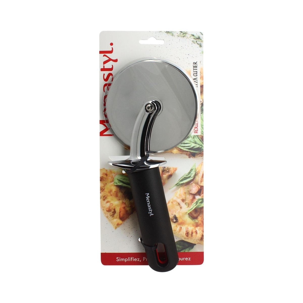 Roulette à pizza en acier inoxydable avec manche noir, emballage packaging fond pizza
