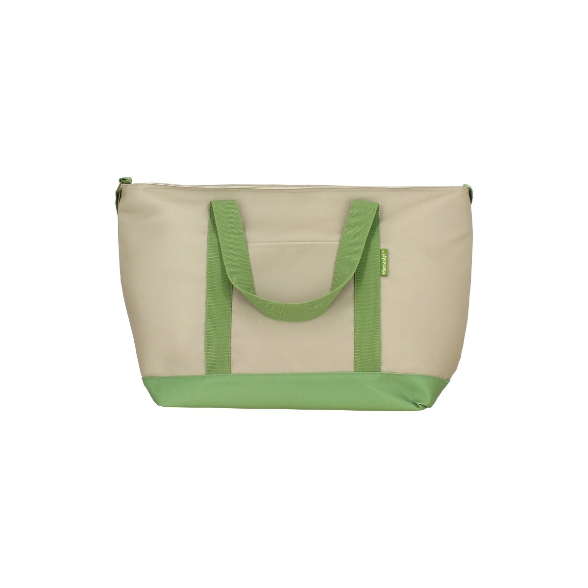 Sac lunch Colorama 26L Menastyl beige et olive avec anses vertes, vue de face sur fond blanc