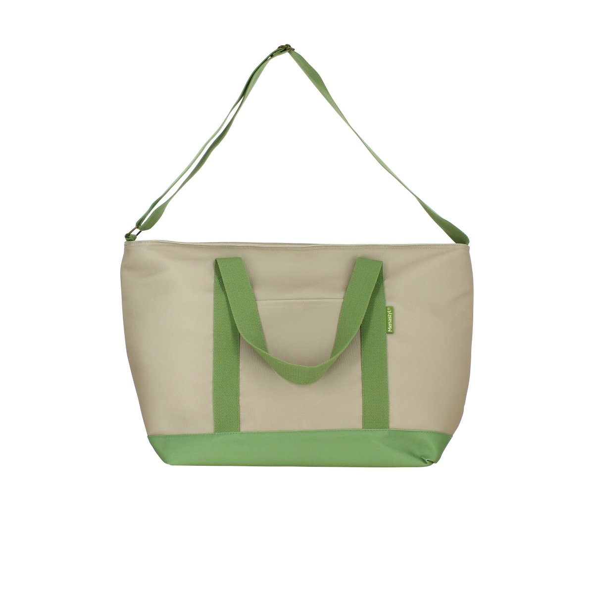 Sac lunch Colorama 26L beige et olive suspendu, vue de face avec bandoulière et poignées vertes