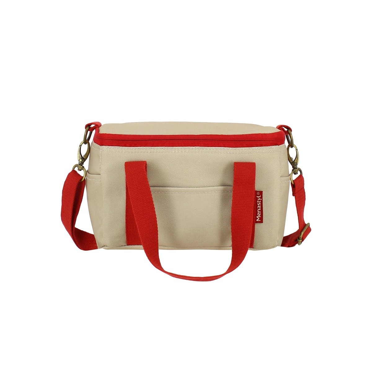 Sac lunch Colorama 5L Menastyl beige et magenta avec bandoulière rouge, vue de face sur fond blanc
