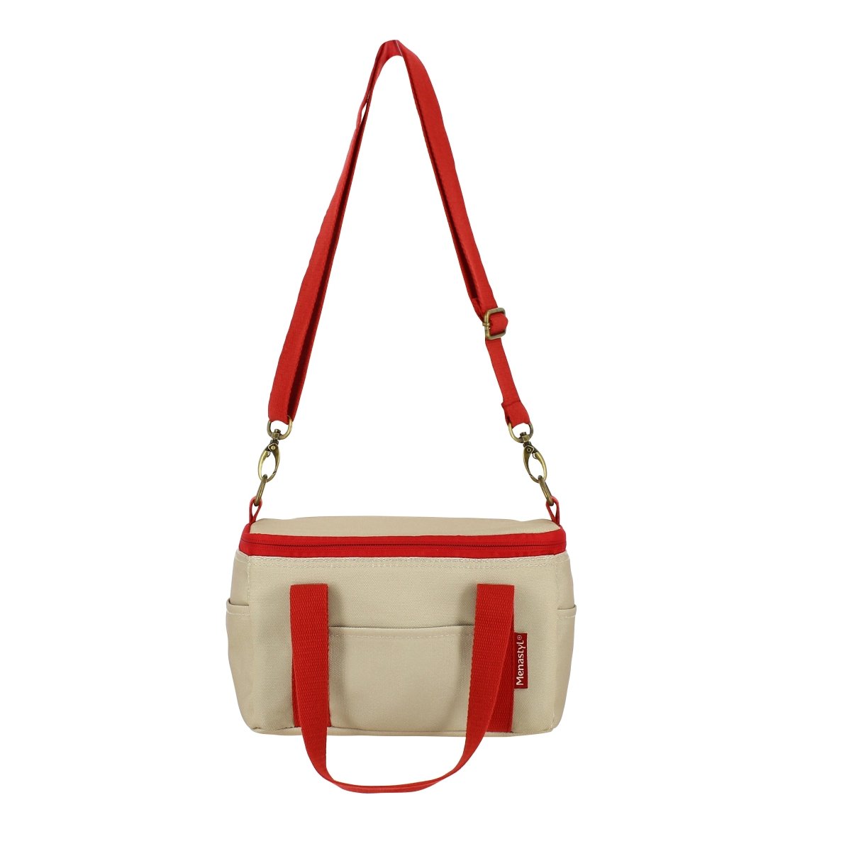 Sac lunch Colorama 5L beige et rouge avec bandoulière ajustable, vue de face sur fond blanc