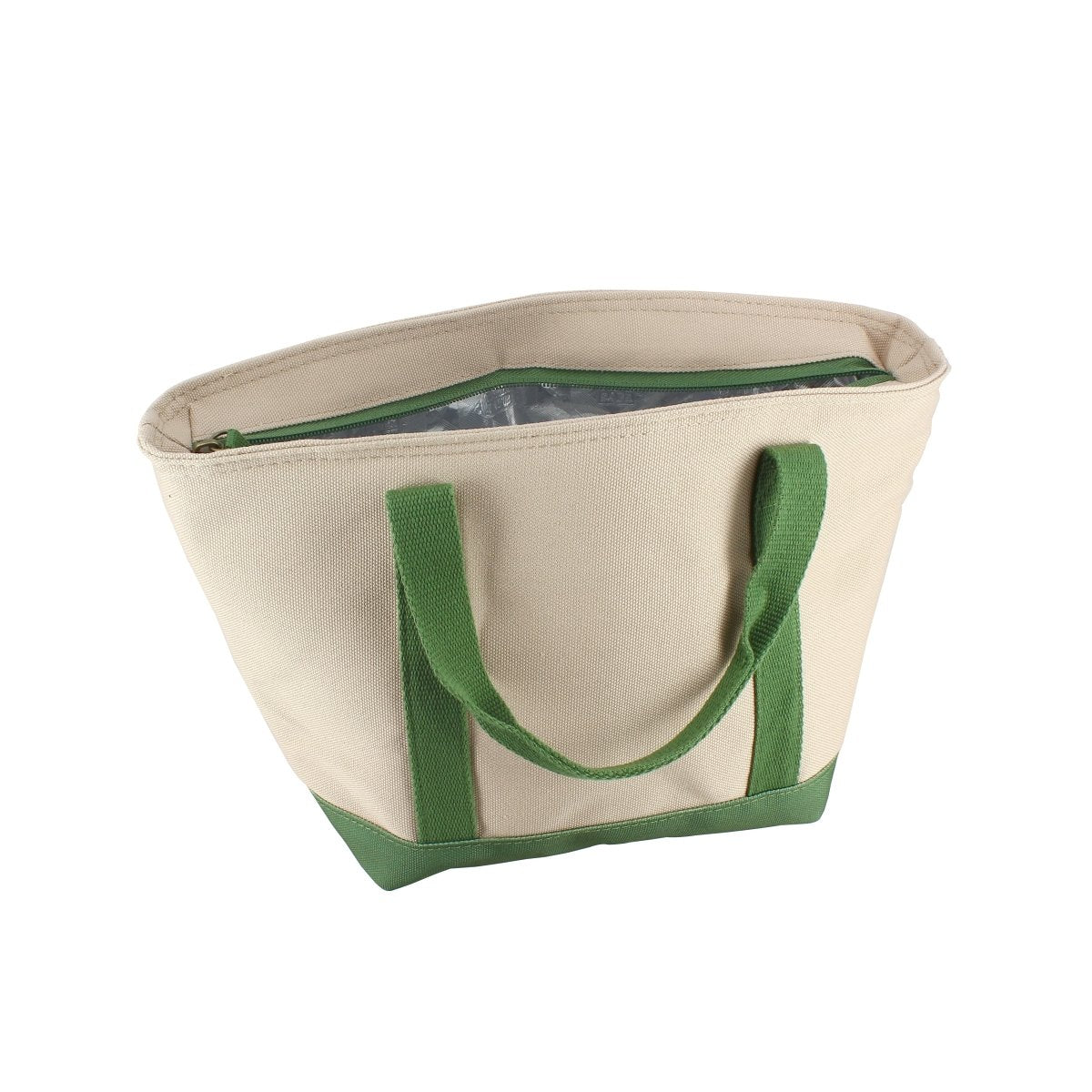 Sac lunch Colorama 7L beige et olive ouvert, vue détaillée de la fermeture éclair verte et de l'intérieur isotherme