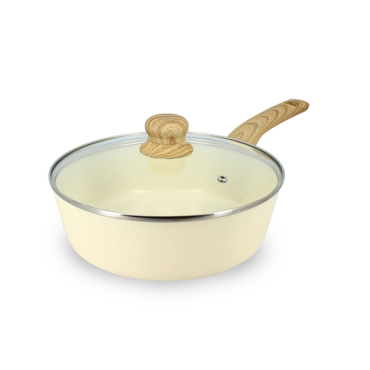 Sauteuse Colorama 24 cm beige avec couvercle en verre et poignée effet bois, vue trois-quarts sur fond blanc