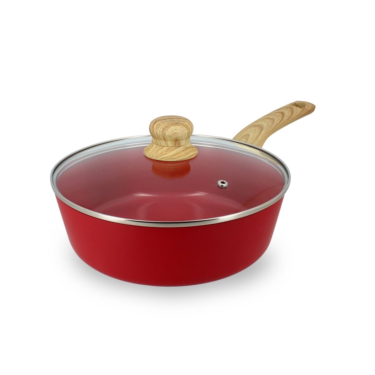 Sauteuse Colorama rouge 24 cm avec couvercle en verre et poignée effet bois, fond de vue