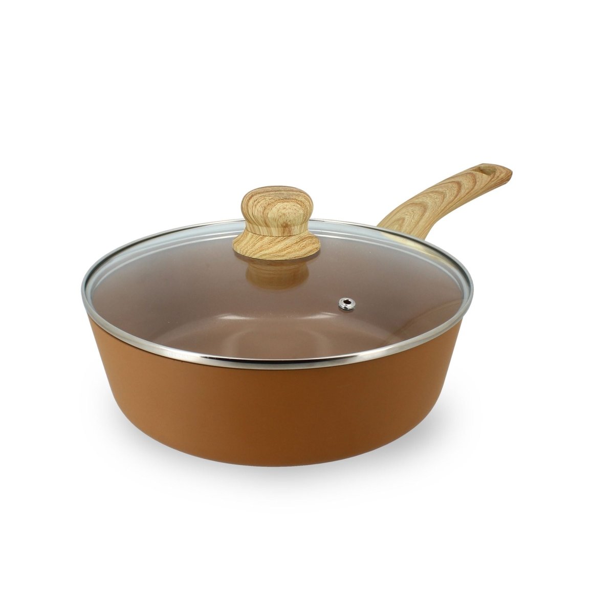 Sauteuse Colorama 24cm couleur cuivre avec couvercle en verre et manche effet bois, vue de trois quarts