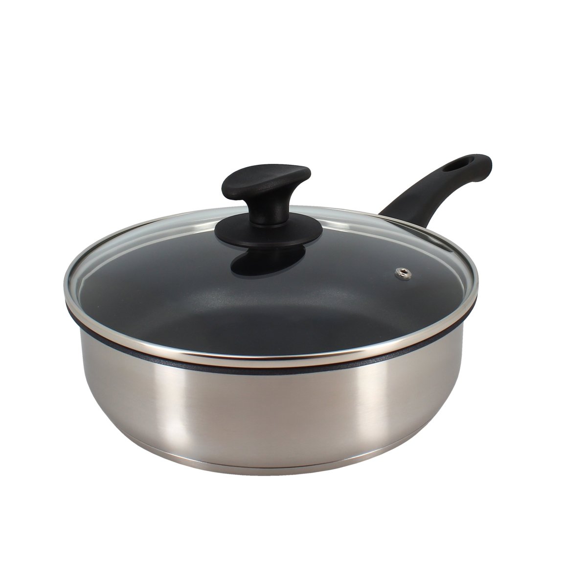 Sauteuse First 24 cm Menastyl en acier inoxydable avec couvercle en verre et poignée noire, vue de face