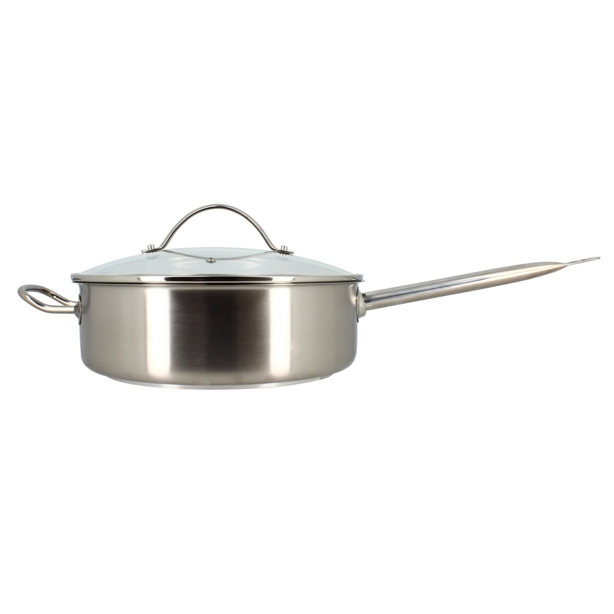 Sauteuse professionnelle 28cm en acier inoxydable avec couvercle en verre et poignée tubulaire Menastyl, vue de profil