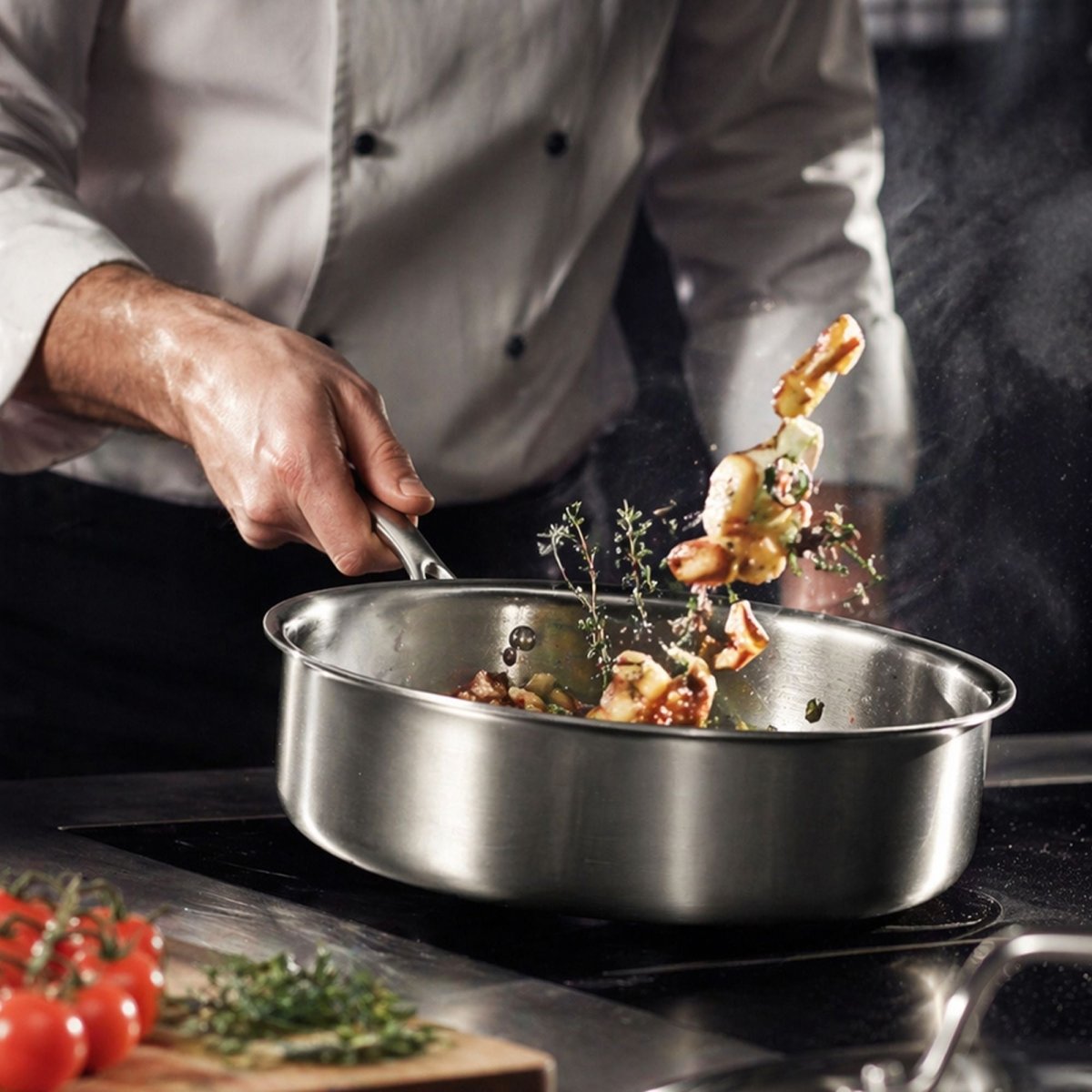Chef cuisinant des aliments sautés dans une sauteuse Triply inox 24cm sur plaque à induction