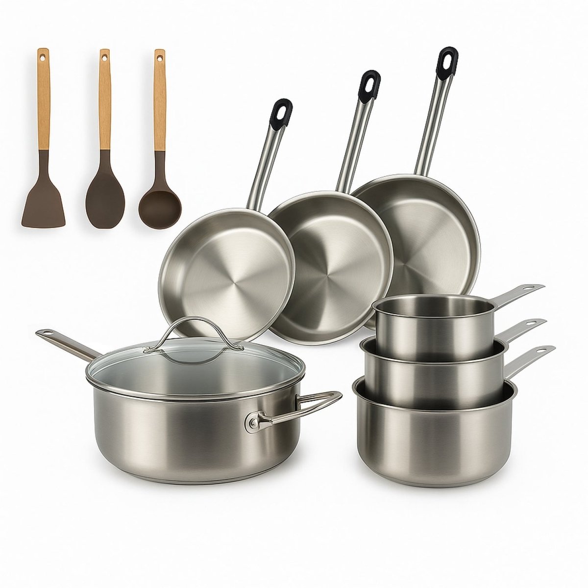 Set de 10 pièces professionnel Menastyl en acier inoxydable, comprenant casseroles, poêles et ustensiles de cuisine