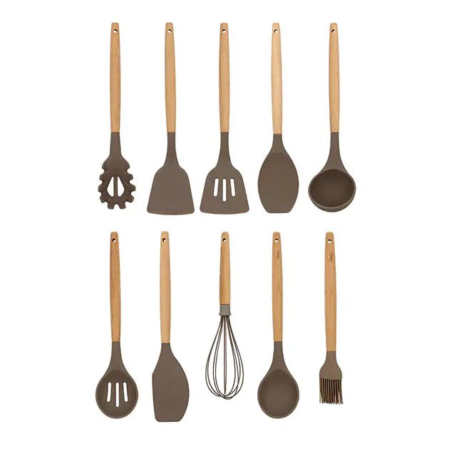 Set de 10 ustensiles Eliott en silicone avec manche en bois - Menastyl - Set de 10 ustensiles
