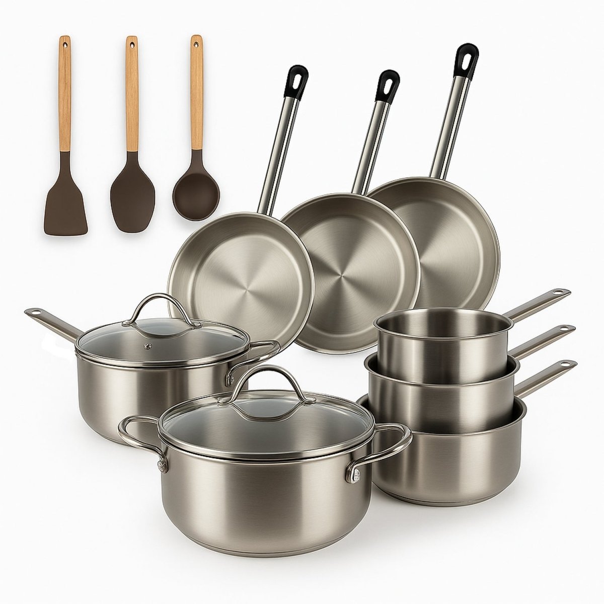 Set de 11 pièces professionnel Menastyl en acier inoxydable avec casseroles, poêles et ustensiles sur fond blanc