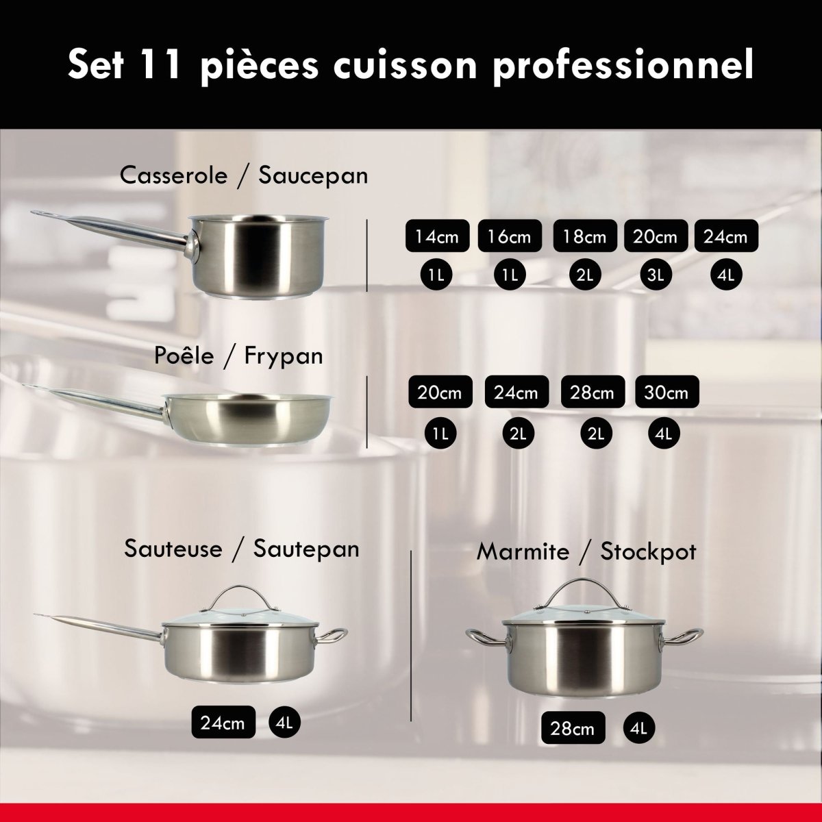 Set de 11 pièces professionnel en acier inoxydable : casseroles, poêles, sauteuse et marmite avec dimensions et volumes