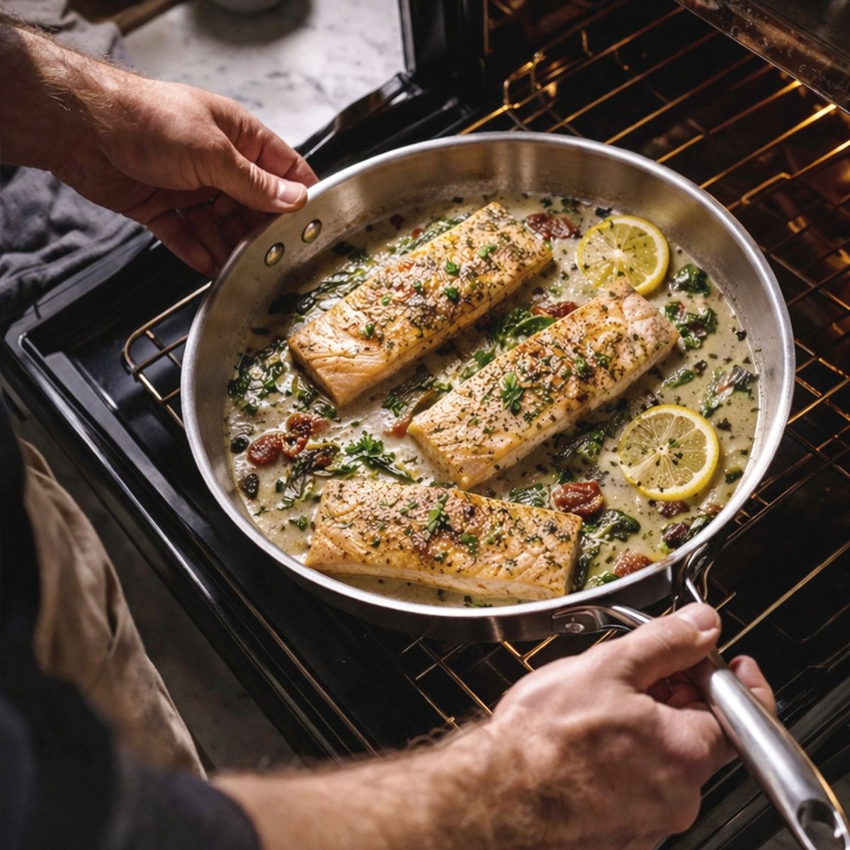 Trois pavés de poisson cuits dans une poêle triply inox avec sauce crémeuse, citron et herbes fraîches