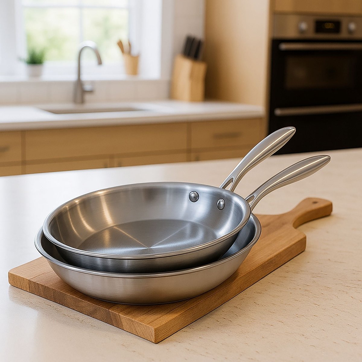Set de 2 poêles Trinox en acier inoxydable empilées sur planche bois dans cuisine moderne
