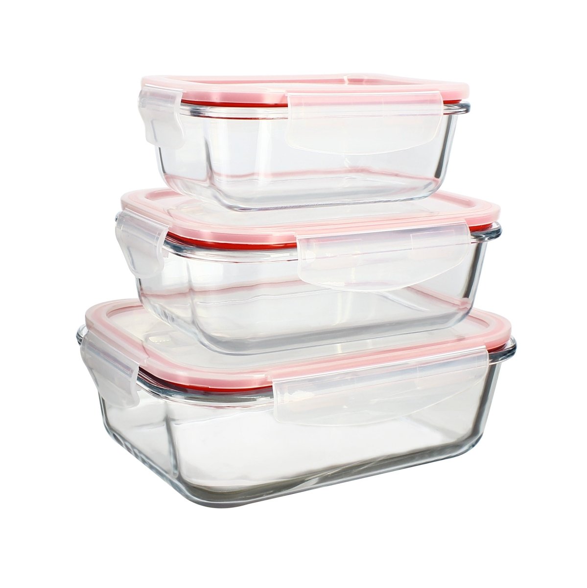 Set de 3 boîtes hermétiques en verre Clémentine Menastyl empilées, couvercles roses transparents, 370 à 1040mL