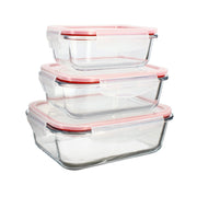 Set de 3 boîtes hermétiques en verre Clémentine Menastyl empilées, couvercles roses transparents, 370 à 1040mL