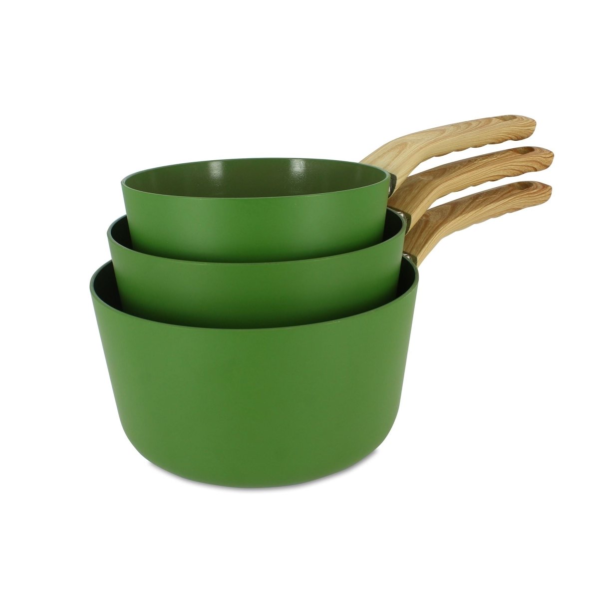 Set de 3 casseroles Colorama vert céladon empilées avec manches en bois, vue d'ensemble sur fond blanc