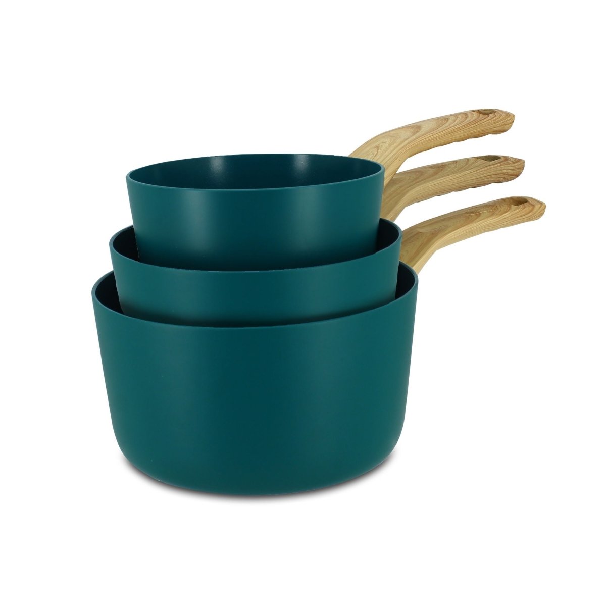 Set de 3 casseroles Colorama céladon 16, 18 et 20 cm empilées avec manches en bois, vue d'ensemble sur fond blanc