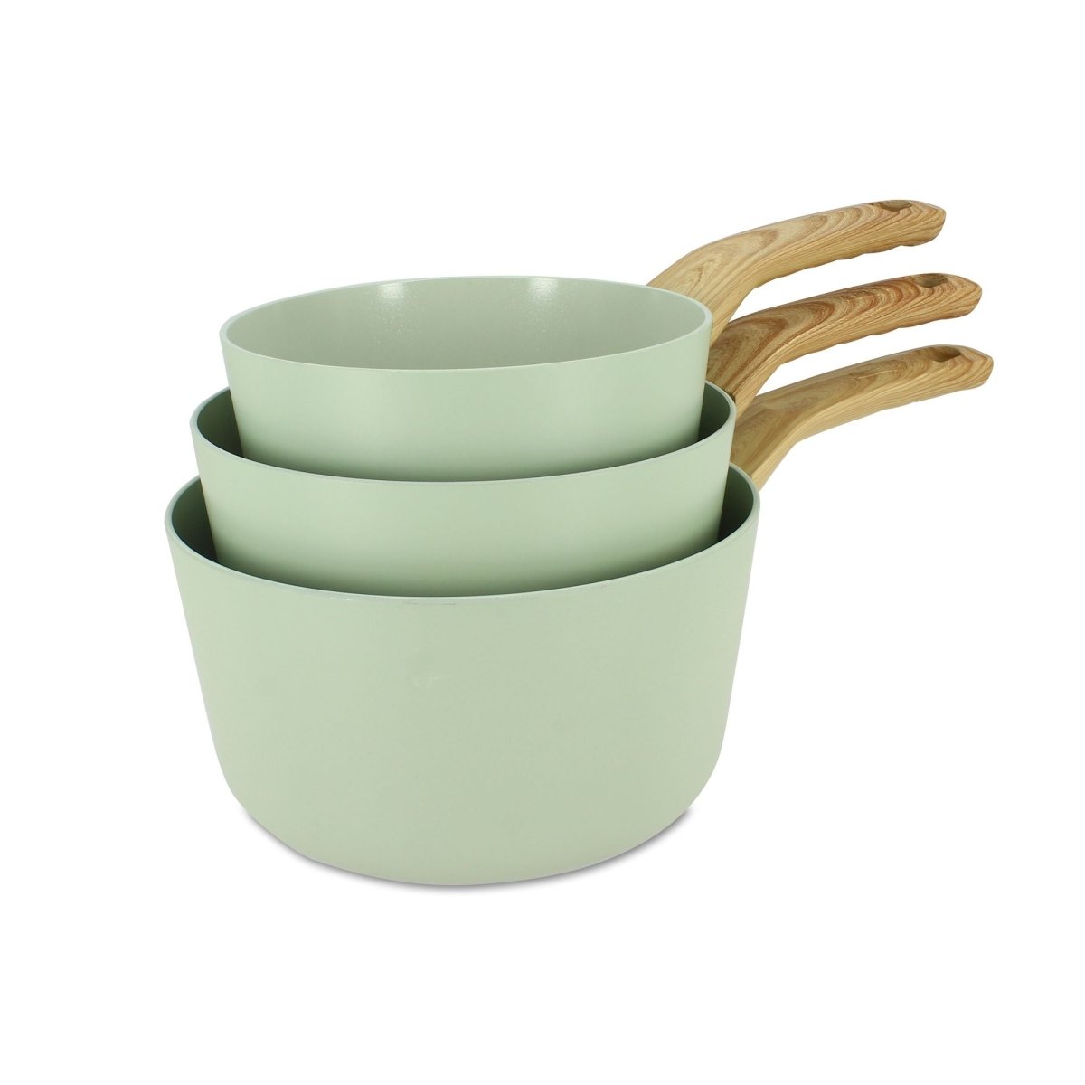 Set de 3 casseroles Colorama Menastyl empilées, finition céladon mate, manches bois, vue trois-quarts