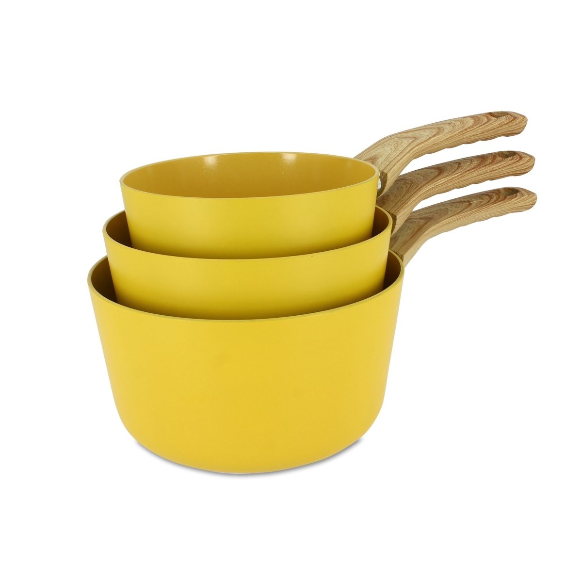 Set de 3 casseroles jaunes Colorama empilées avec manches en bois, diamètres 16, 18 et 20 cm