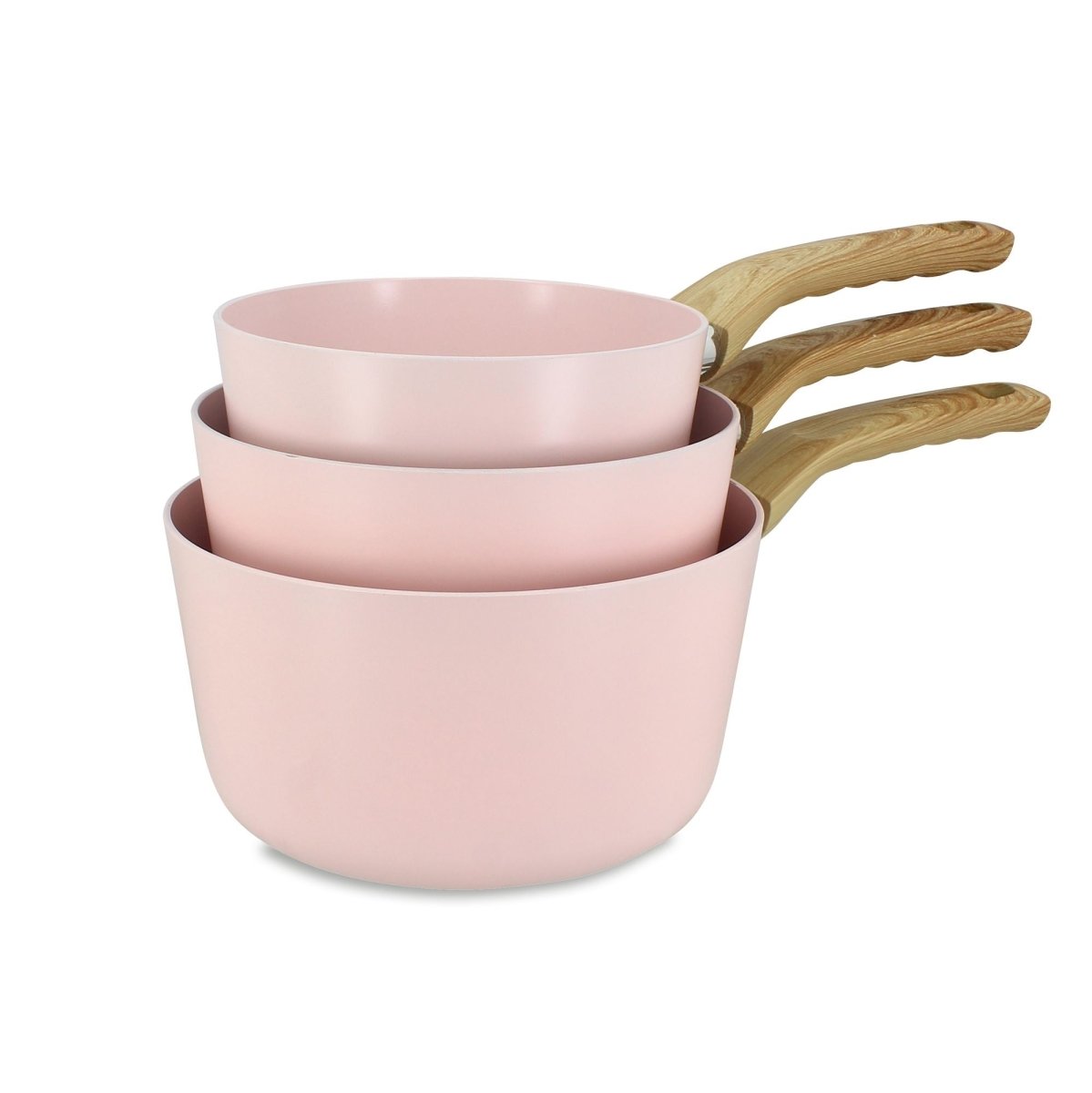 Set de 3 casseroles roses Colorama 16/18/20 cm empilées avec poignées bois, vue d'ensemble