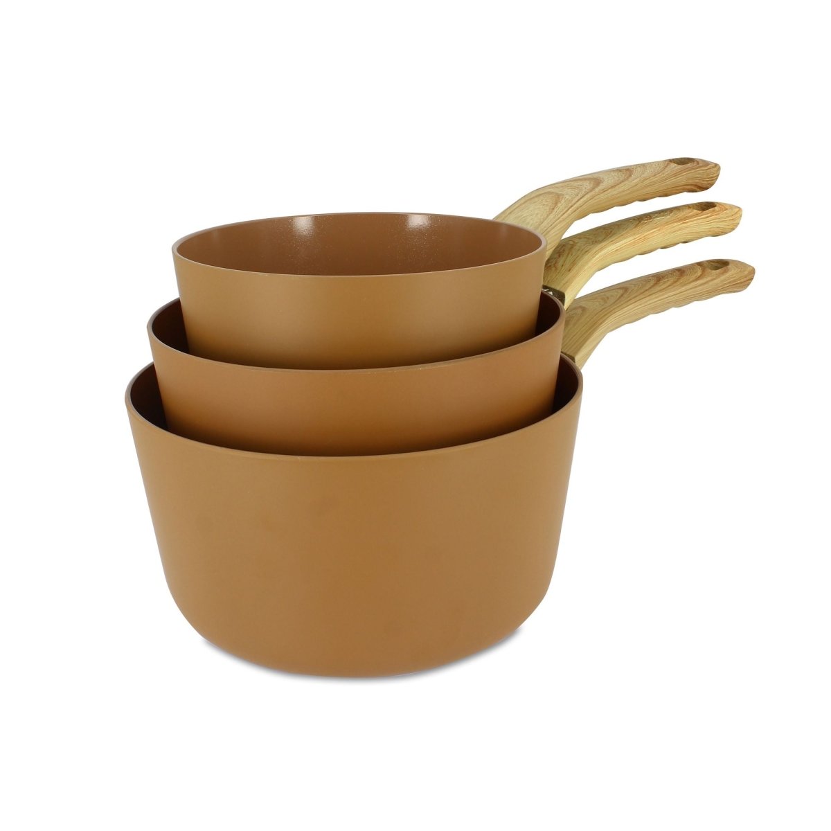 Set de 3 casseroles Colorama empilées, coloris beige doré avec manches effet bois, vue d'ensemble