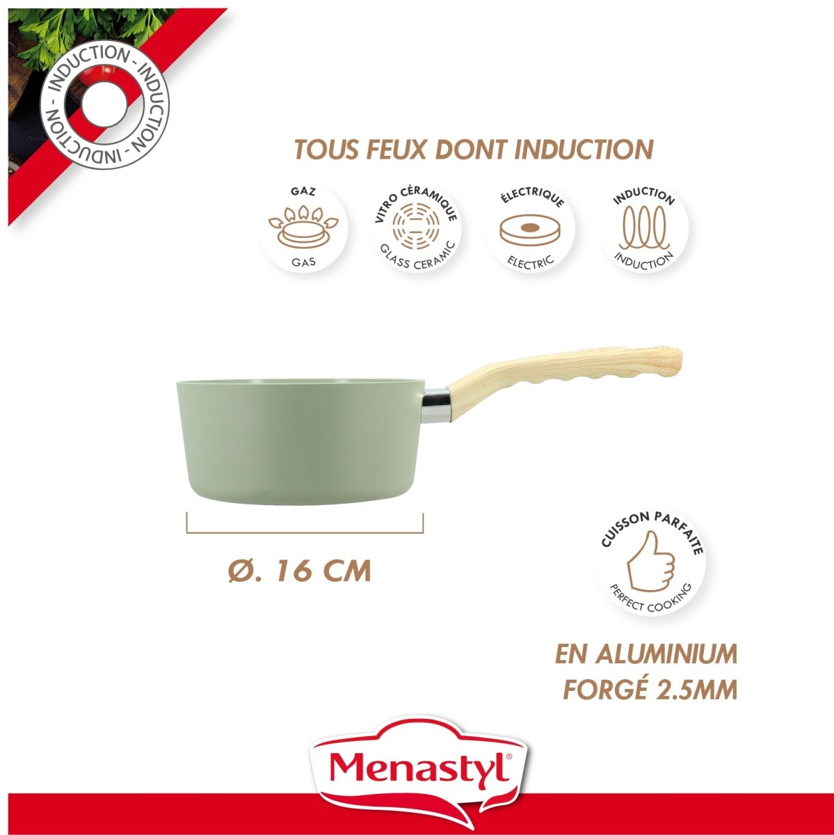 Casserole coloris céladon 16 cm compatible tous feux dont induction, avec pictogrammes de compatibilité et détails techniques