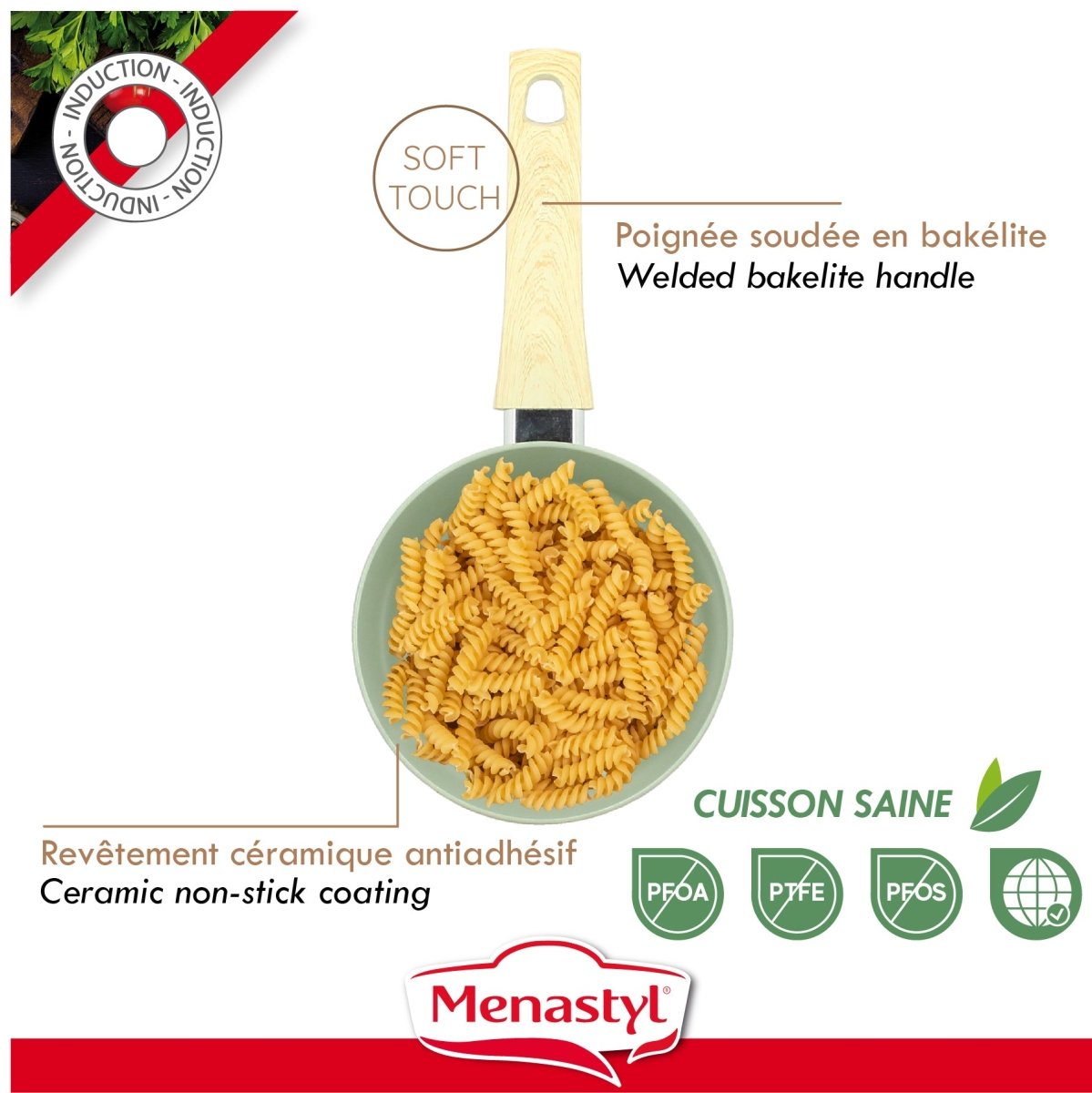Casserole céladon avec poignée bakélite et revêtement céramique antiadhésif, garnie de pâtes fusilli