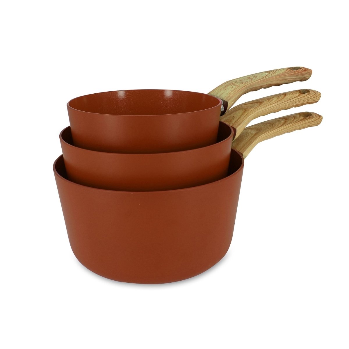 Set de 3 casseroles Colorama 16/18/20 cm empilées avec manches aspect bois, finition cuivre mat