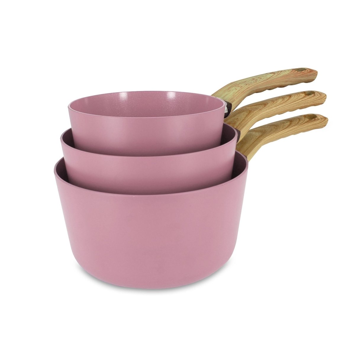 Set de 3 casseroles Colorama roses empilées avec manches effet bois, vue d'ensemble sur fond blanc
