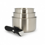 Set de 3 casseroles Iris Menastyl en acier inoxydable empilées avec poignée amovible noire détachée