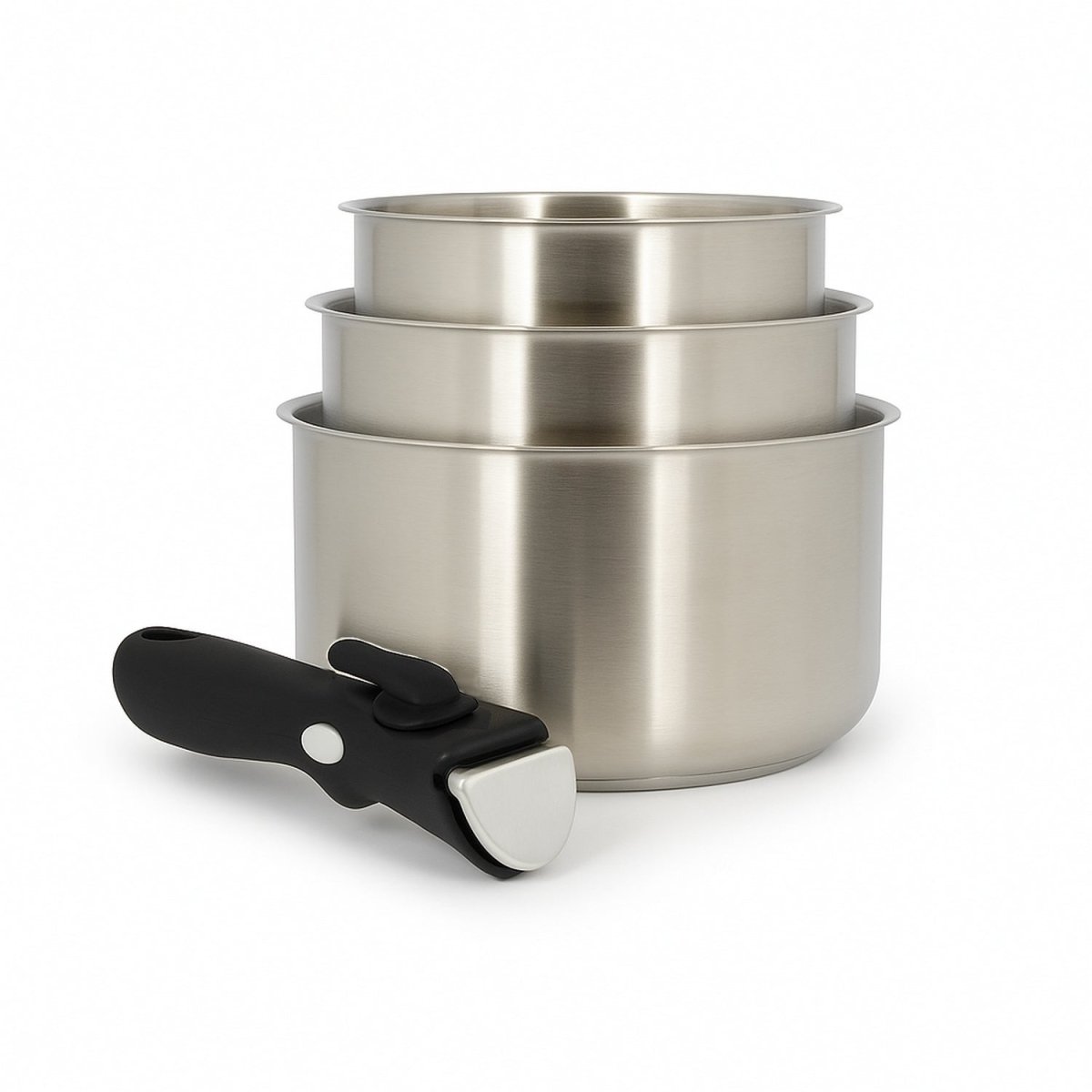 Set de 3 casseroles Iris Menastyl en acier inoxydable empilées avec poignée amovible noire détachée