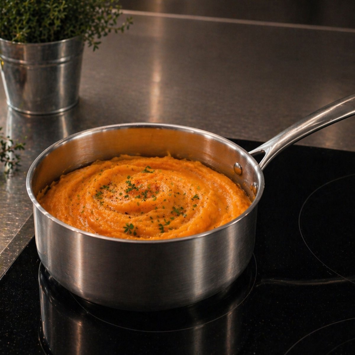 Casserole Triply 16 cm avec purée de légumes orangée, sur plaque induction, vue en contre-plongée