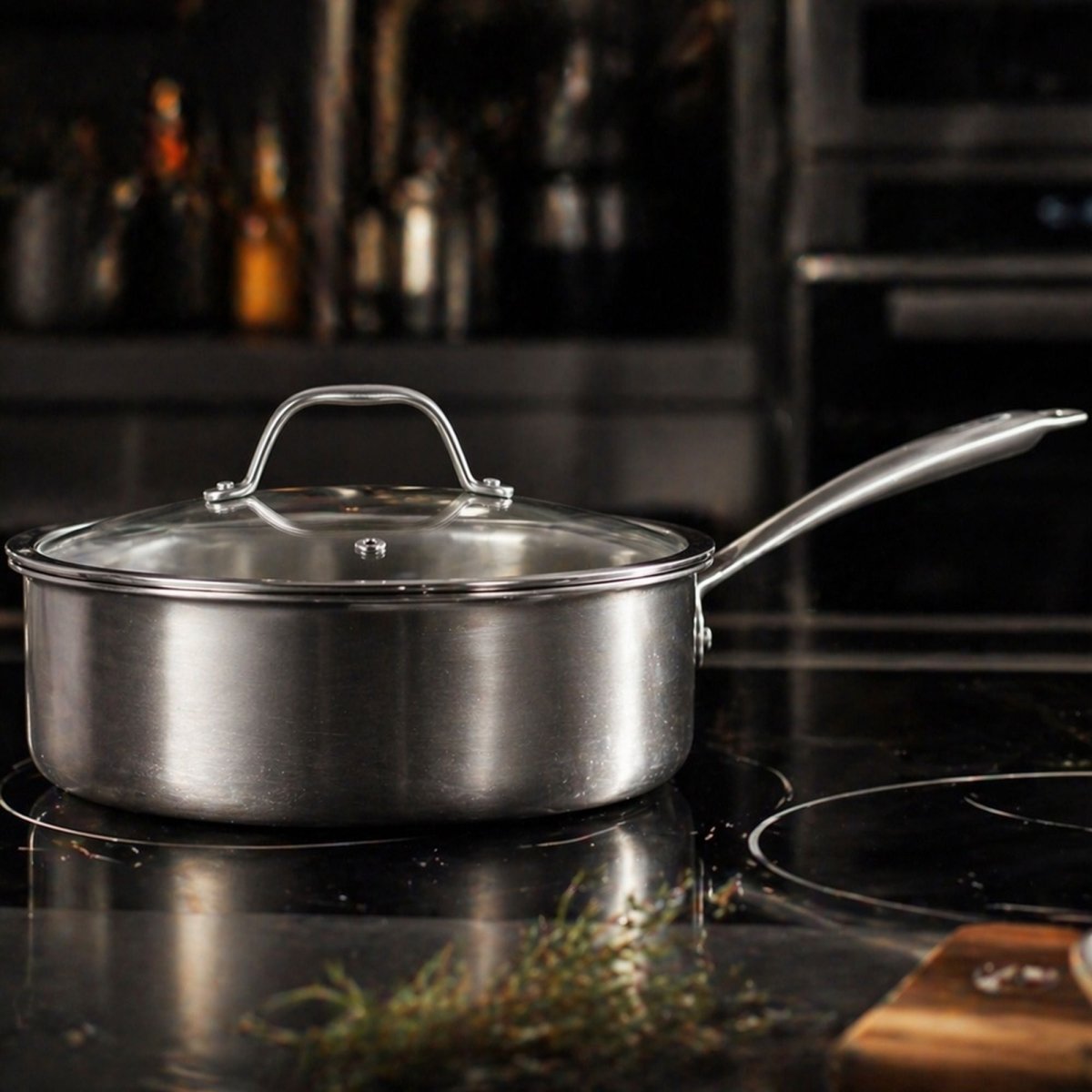 Sauteuse Triply inox avec couvercle en verre sur plaque induction, cuisine moderne en arrière-plan