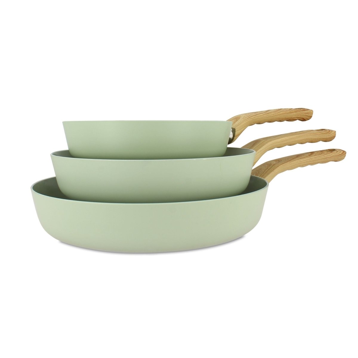 Set de 3 poêles Colorama Menastyl céladon 20/24/28 cm en aluminium recyclé avec manches bois, vue empilée