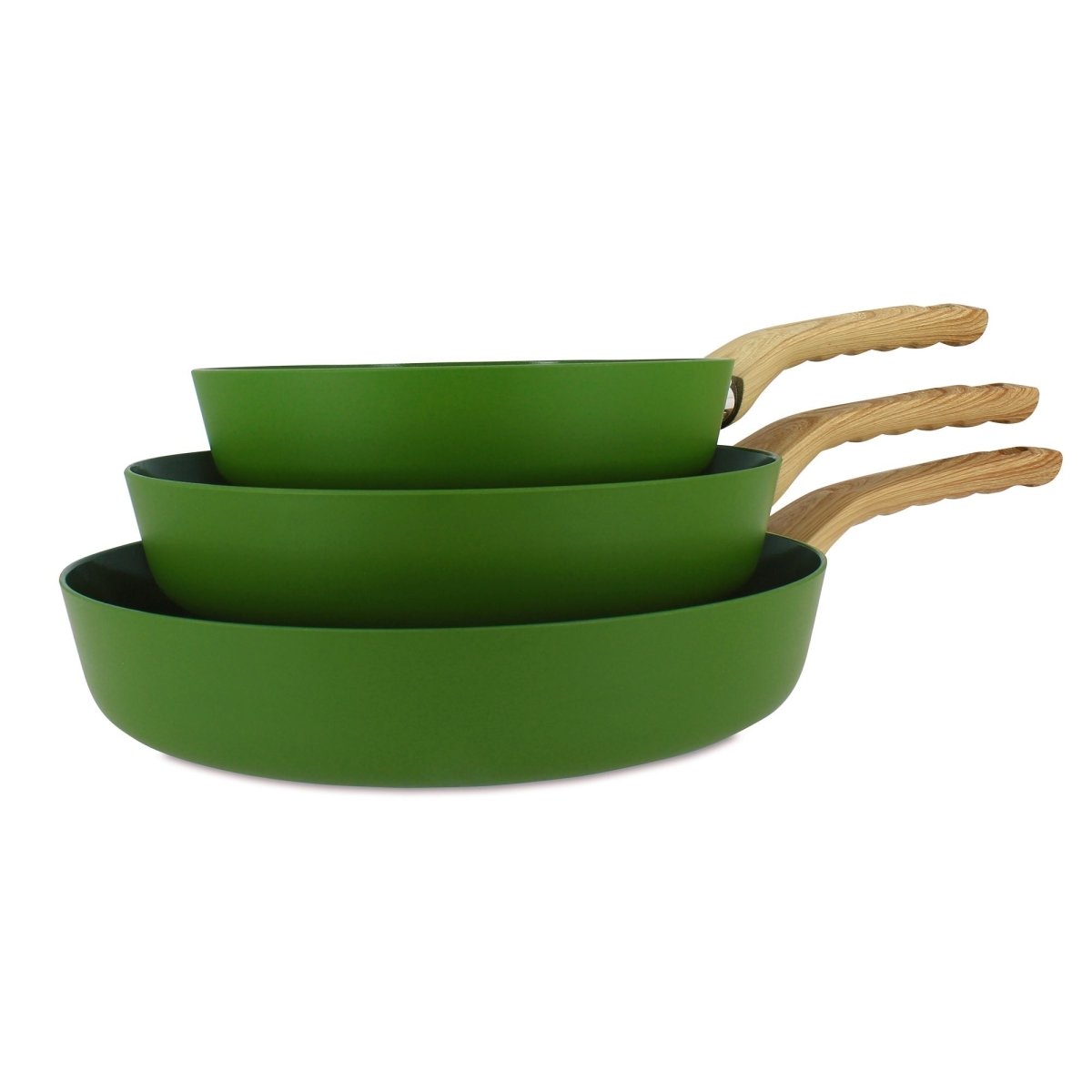 Set de 3 poêles Colorama vertes empilées avec manches en bois naturel, vue d'ensemble sur fond blanc