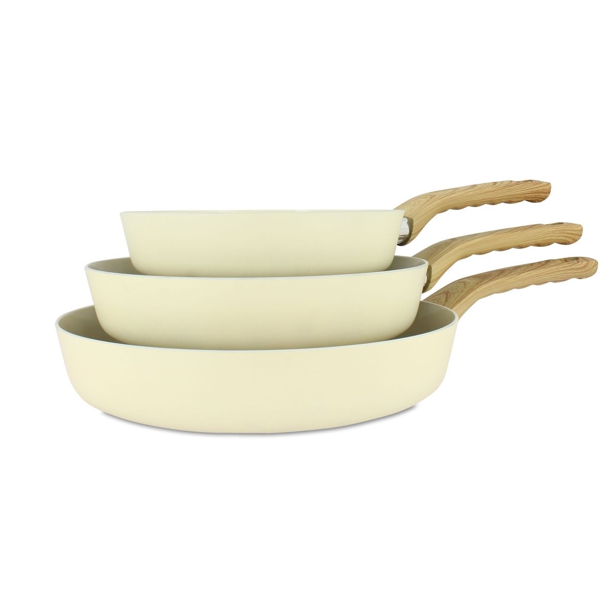 Set de 3 poêles Colorama céladon 20, 24 et 28 cm empilées, manches en bois, vue d'ensemble sur fond blanc