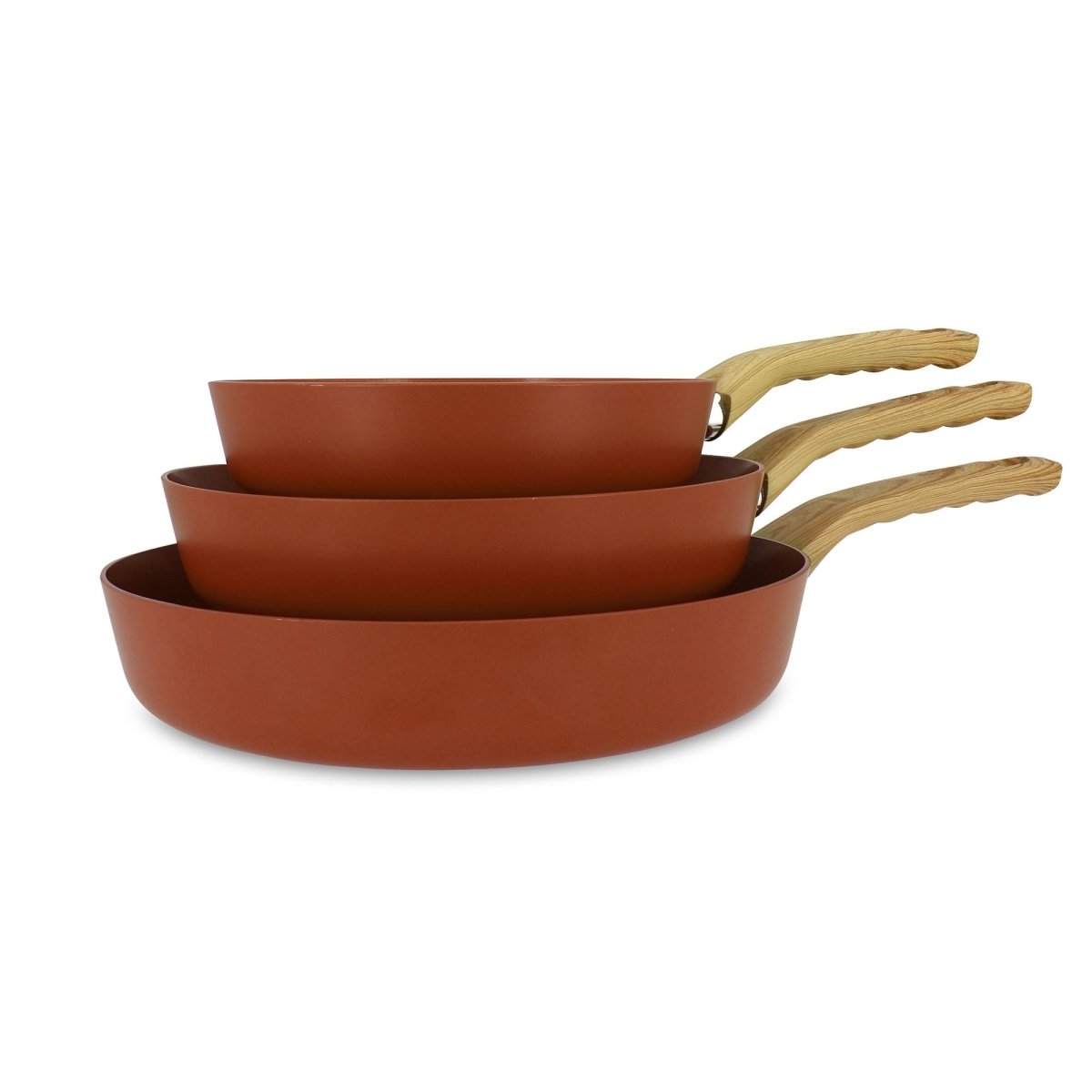 Set de 3 poêles Colorama empilées, revêtement cuivre mat, manches bois clair, diamètres 20 24 28 cm