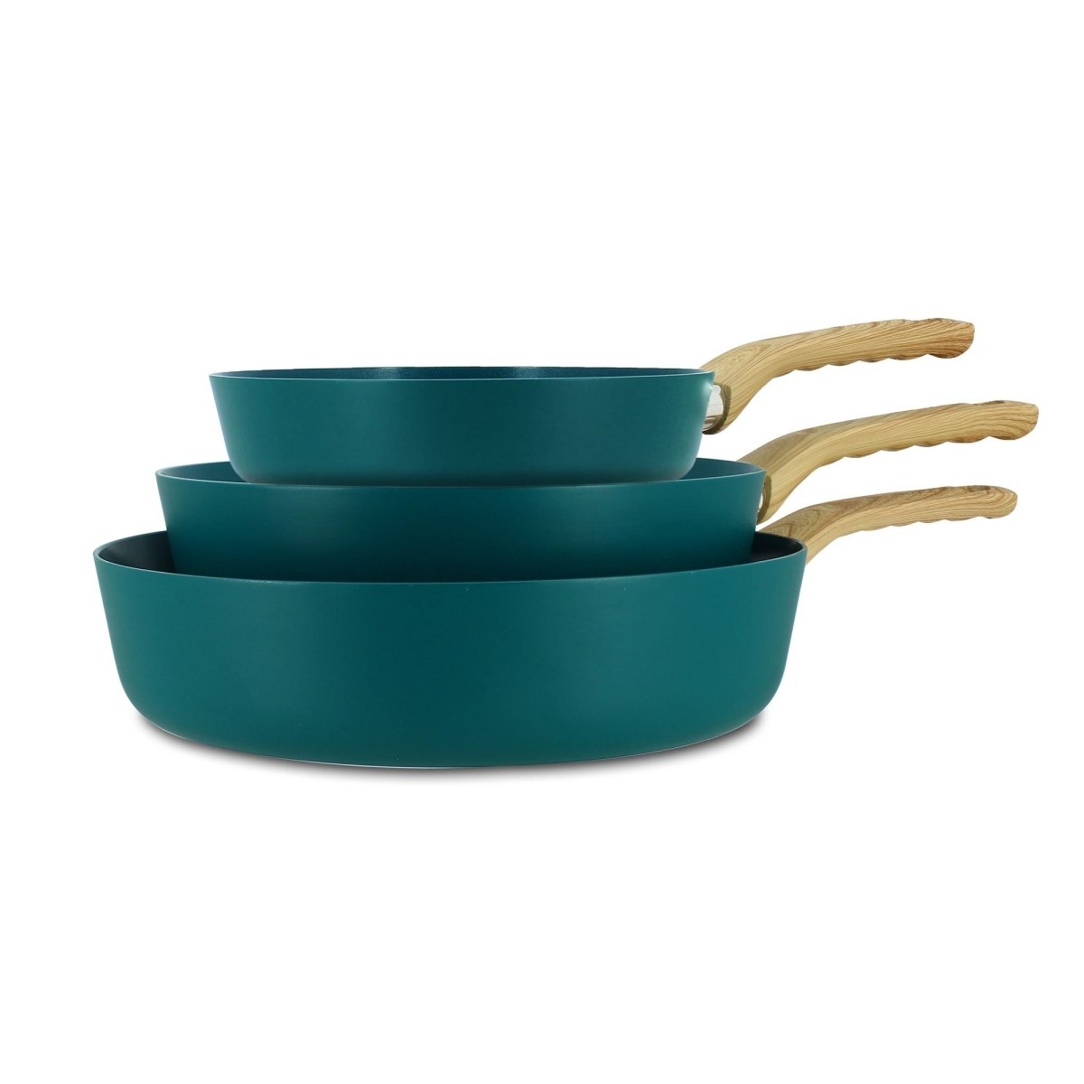 Set de 3 poêles Colorama empilées, coloris céladon avec manches en bois naturel, vue latérale