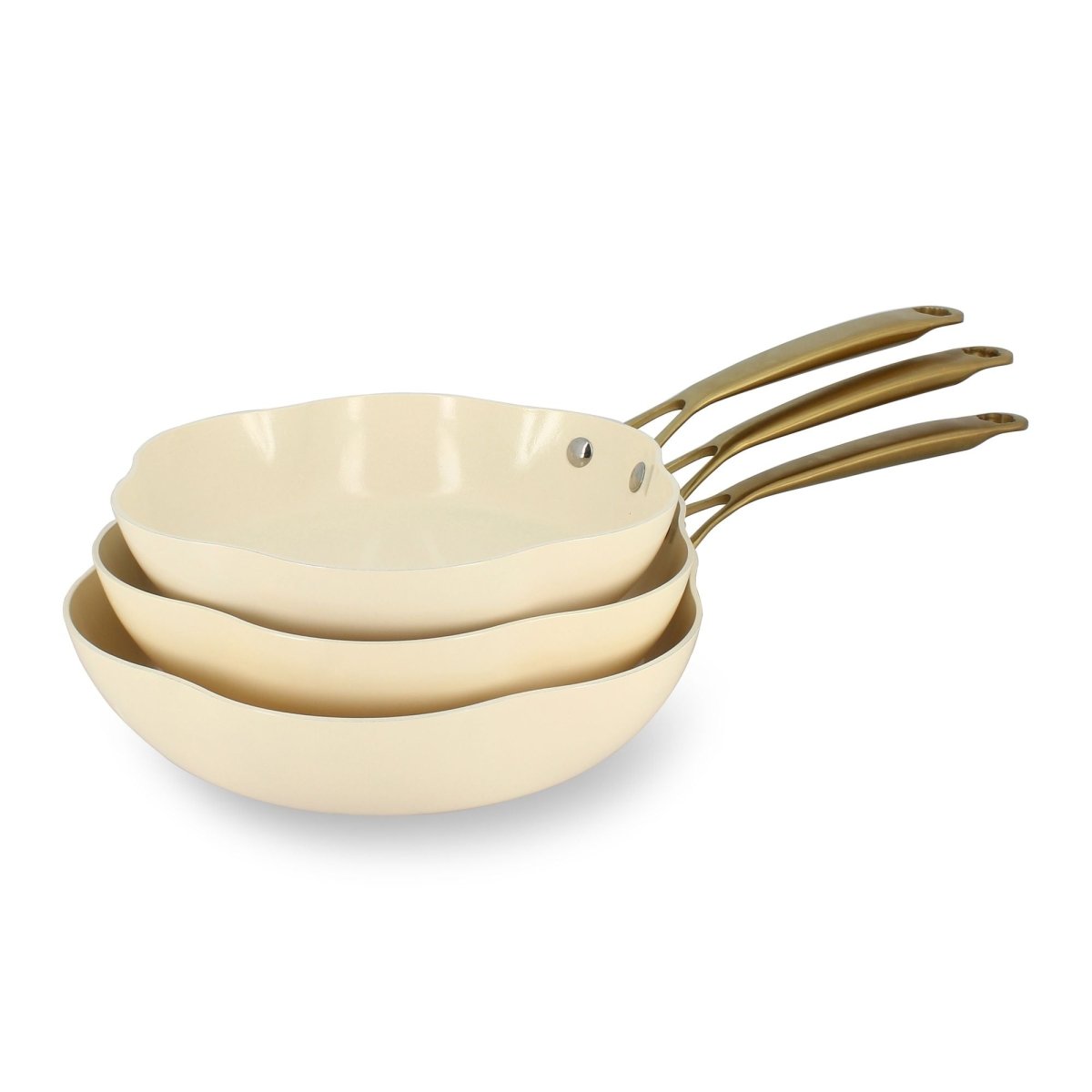 Set de 3 poêles Dahlia Menastyl en aluminium recyclé beige empilées, manches dorés, vue d'ensemble