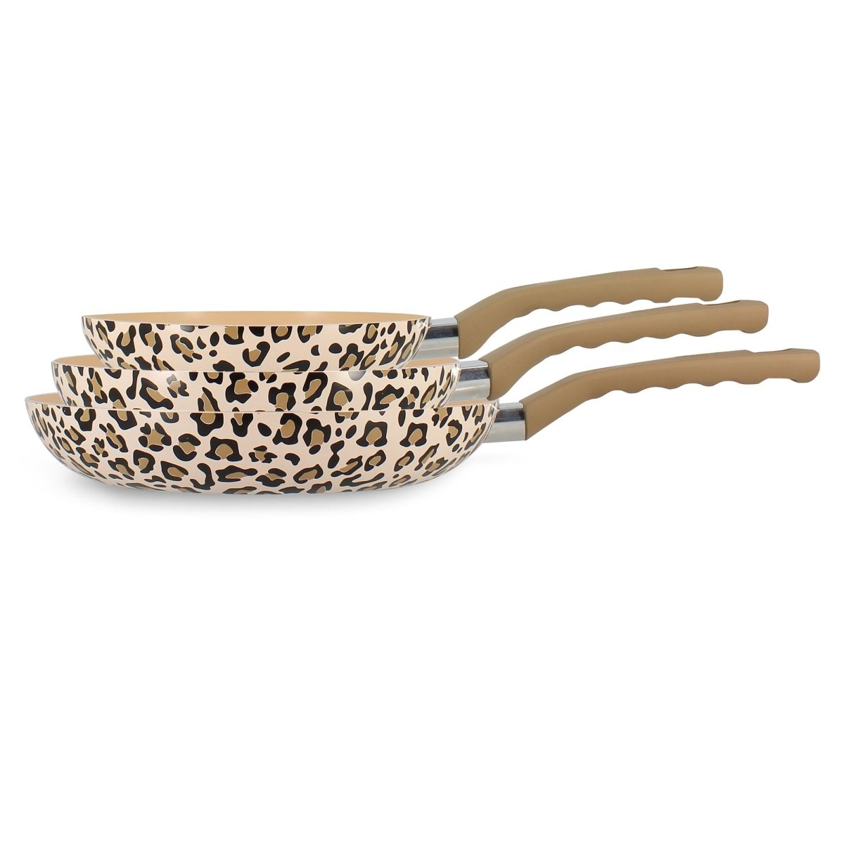 Set de 3 poêles Léopard Menastyl 20/24/28 cm, motif léopard marron beige, manches ergonomiques, empilées vue de face