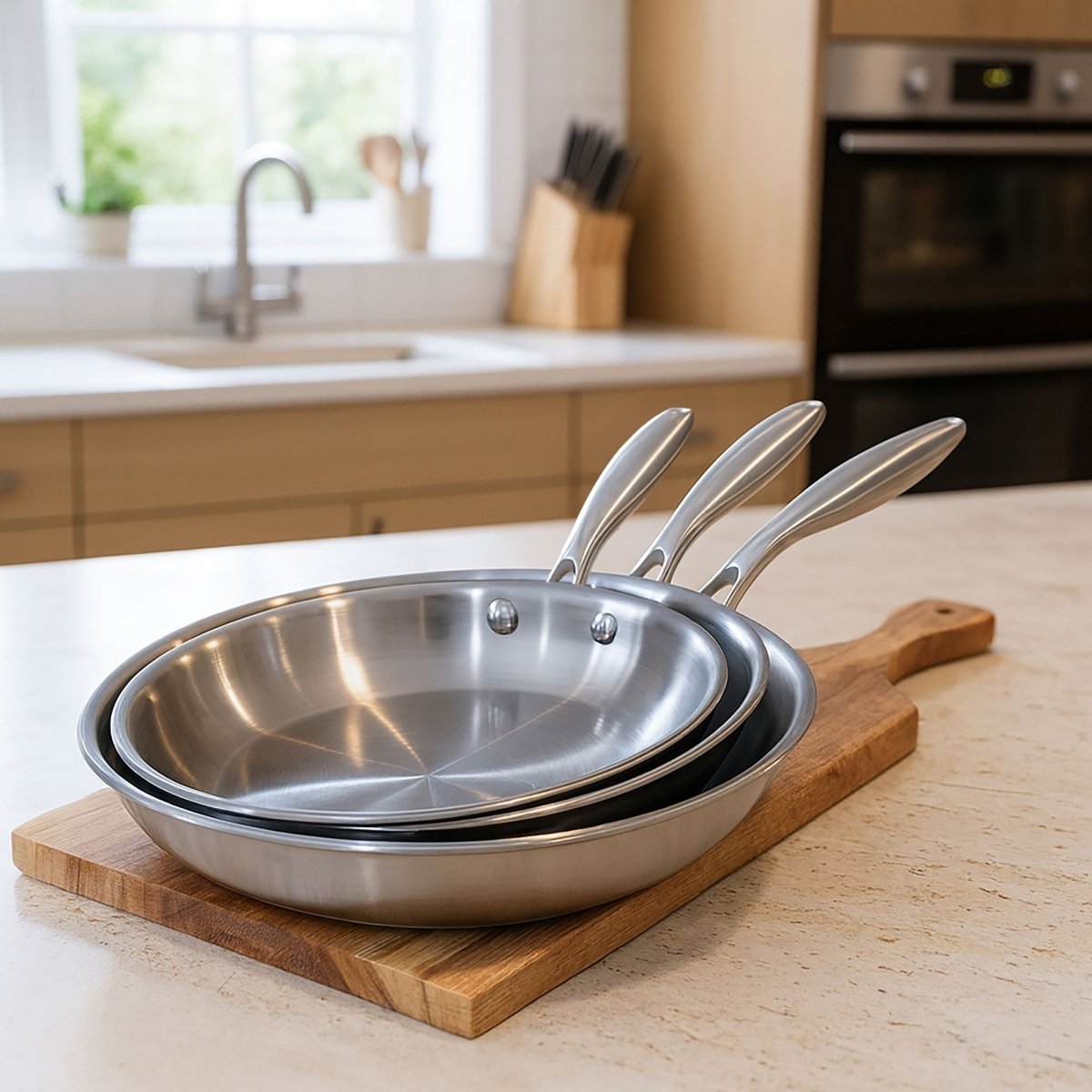 Set de 3 poêles Trinox en acier inoxydable empilées sur planche bois, vue cuisine moderne