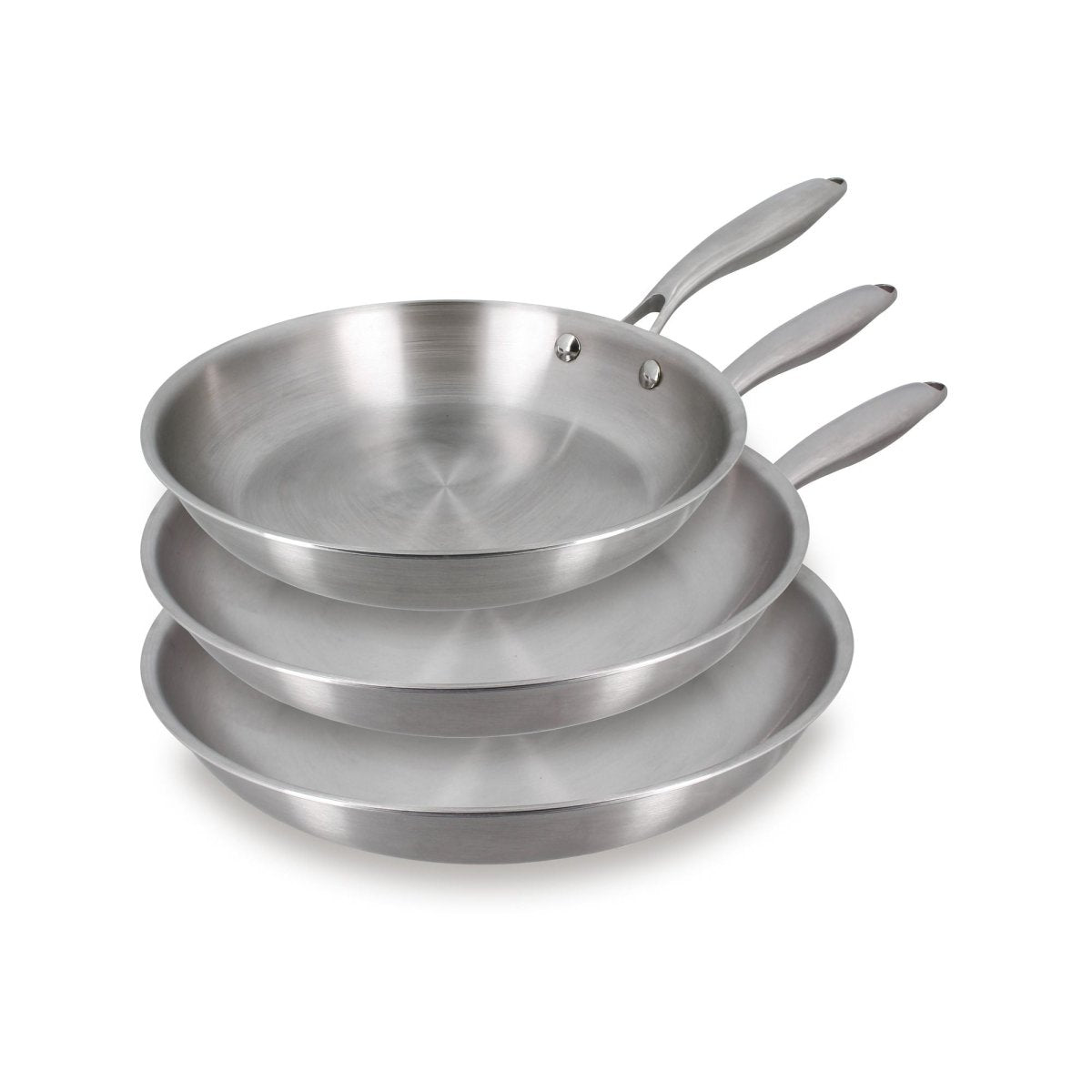 Set de 3 poêles Trinox en acier inoxydable empilées, vue d'ensemble, marque Menastyl
