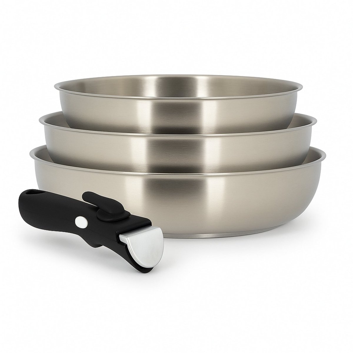 Set de 4 pièces Iris Menastyl en acier inoxydable : 3 casseroles 20/24/28 cm et poignée amovible noire
