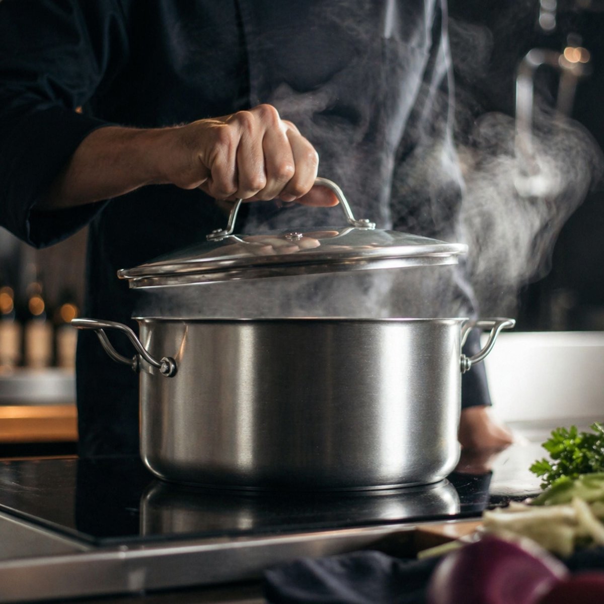 Casserole Triply en acier inoxydable en cuisson, vapeur s'échappant du couvercle soulevé, ambiance cuisine professionnelle