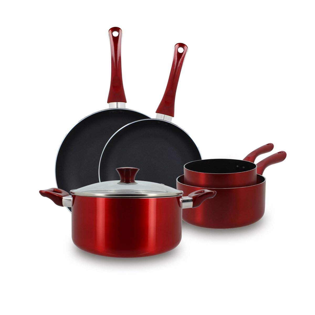 Set de 5 pièces Cerise Menastyl en aluminium rouge et noir, composé de casseroles, poêles et faitout avec couvercle