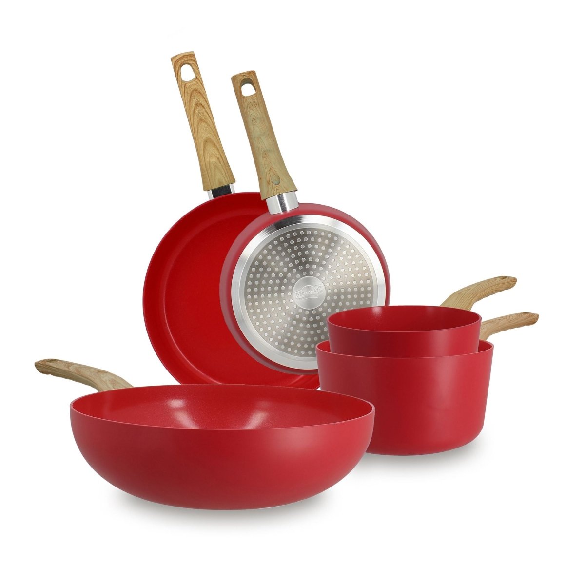 Set complet 5 pièces Colorama rouge avec poêles et casseroles en aluminium, manches bois, fond induction