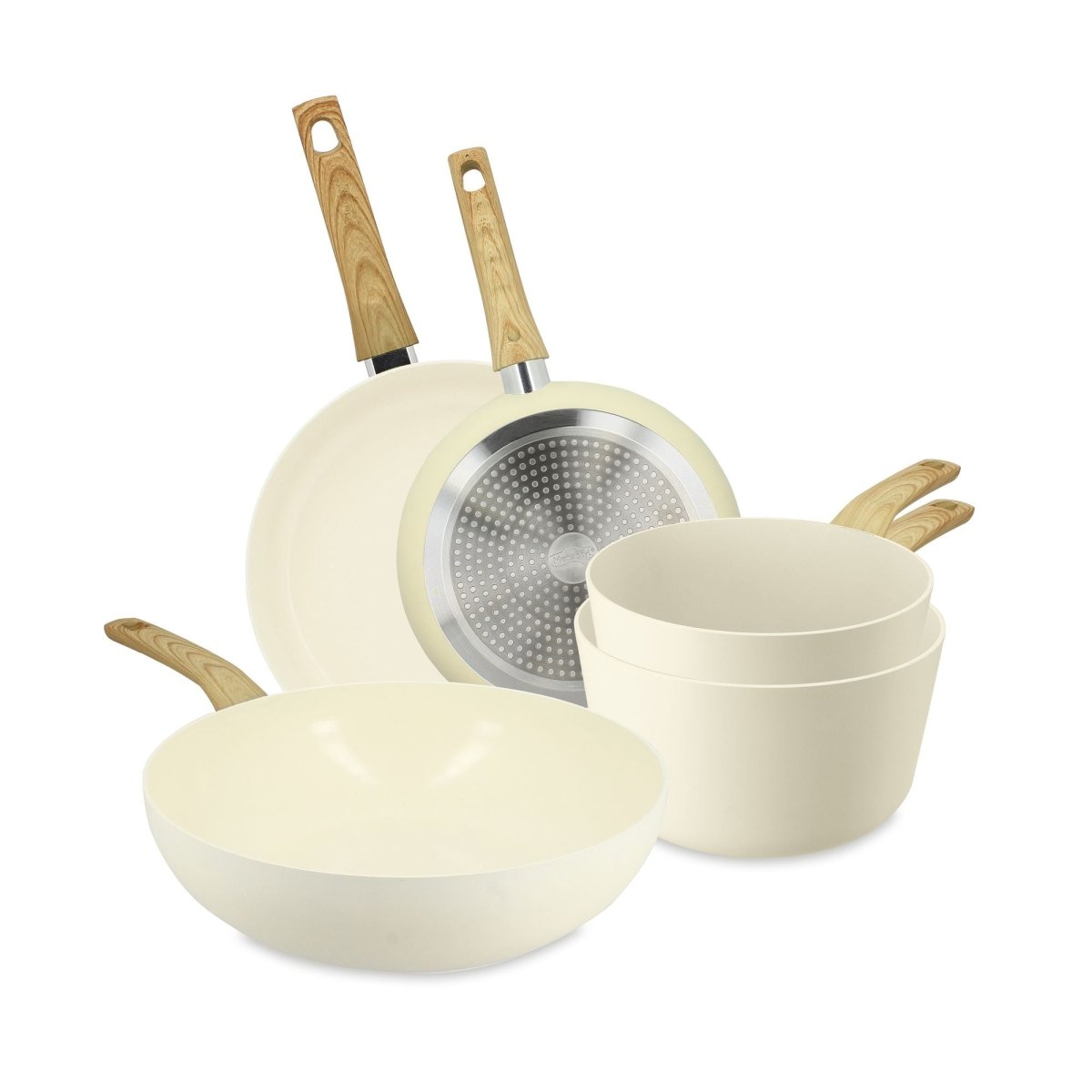 Set de 5 pièces Colorama céladon avec poêles et casseroles en aluminium recyclé, présenté en vue d'ensemble sur fond blanc
