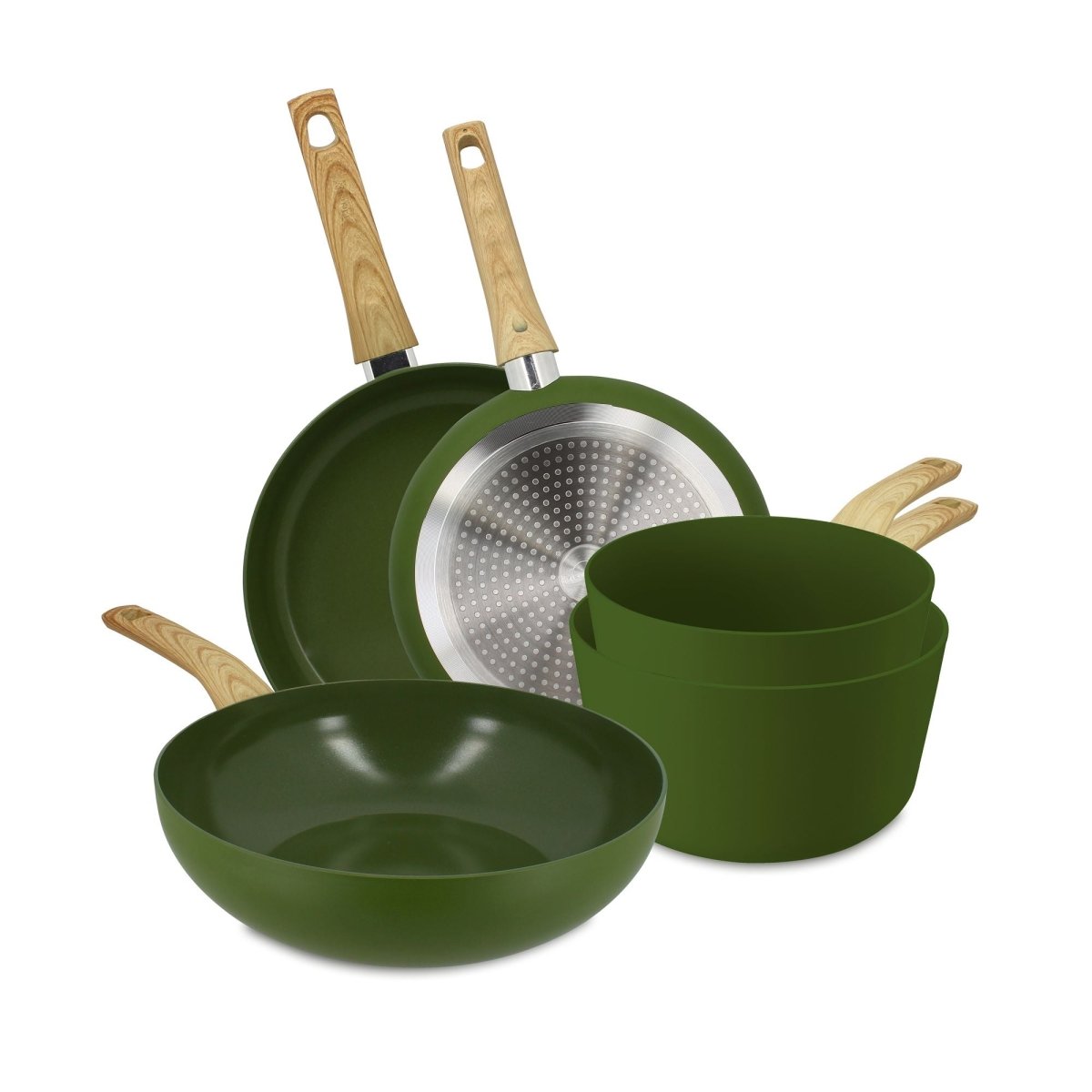 Set de 5 pièces Colorama céladon avec poêles et casserole en aluminium, manches bois, vue d'ensemble sur fond blanc