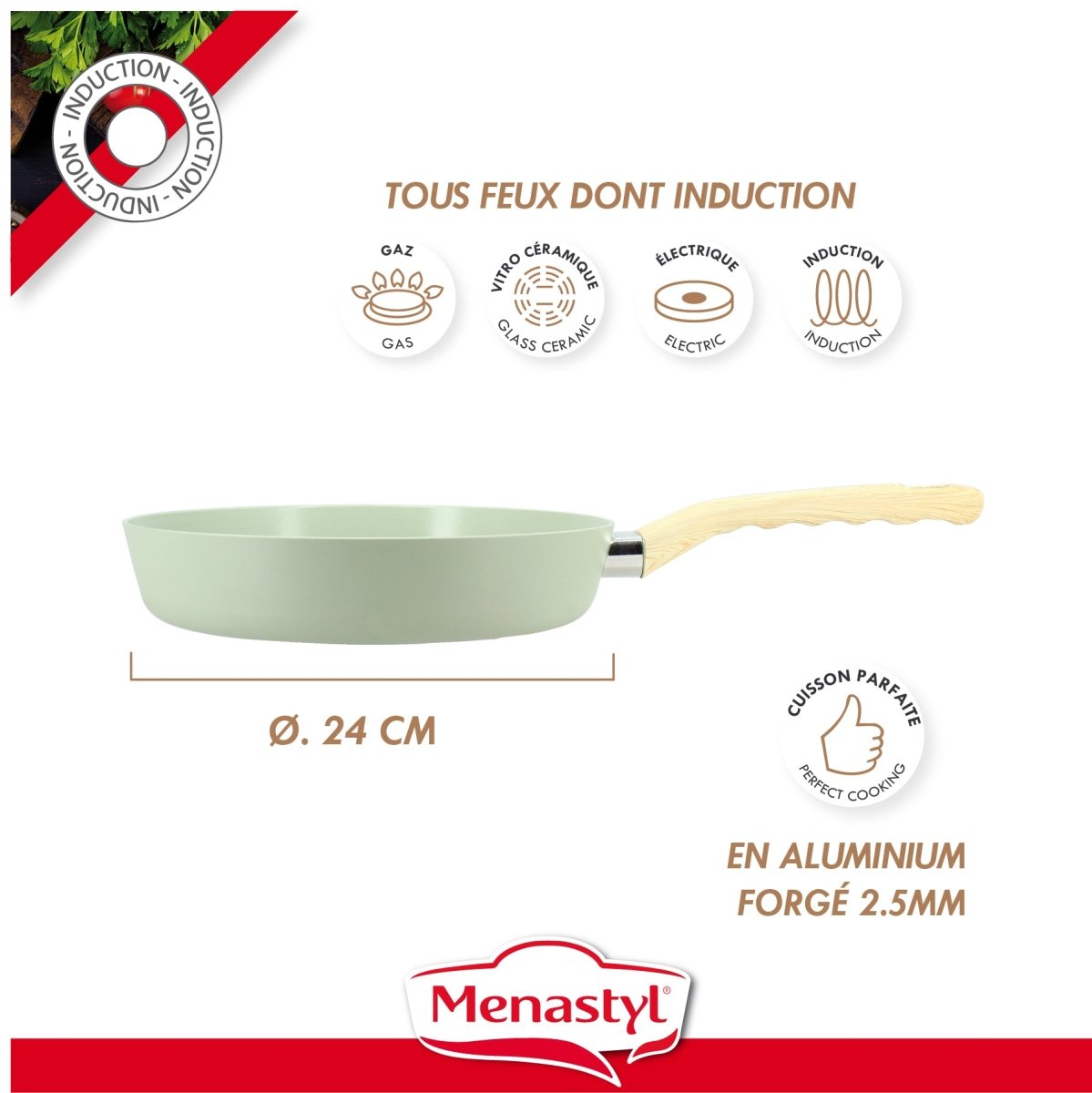 Poêle 24cm Colorama céladon tous feux induction, aluminium forgé 2.5mm avec manche bois